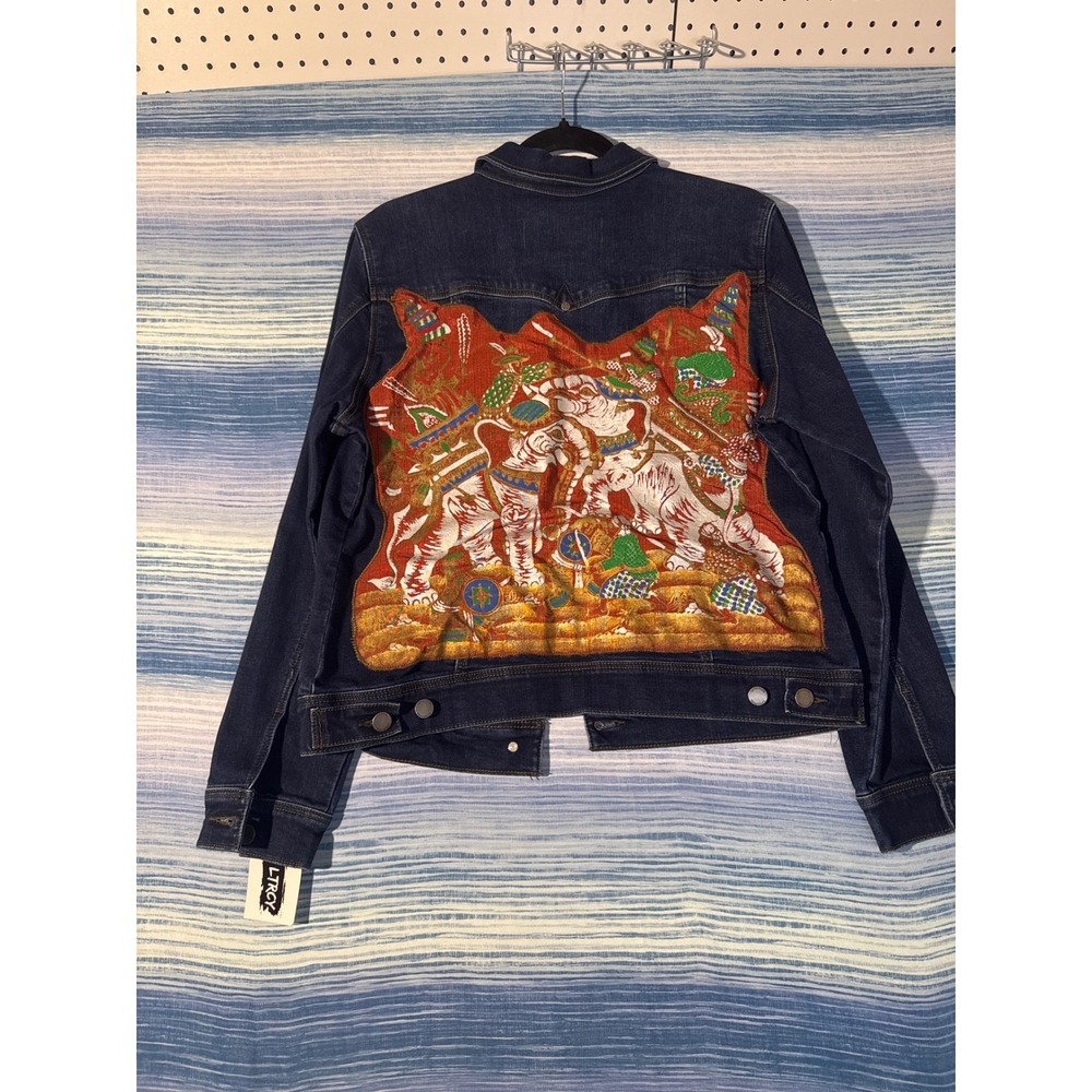 Upcycled Denim Jacket Tapestry Elephant Applique Womens Medium Dark Wash